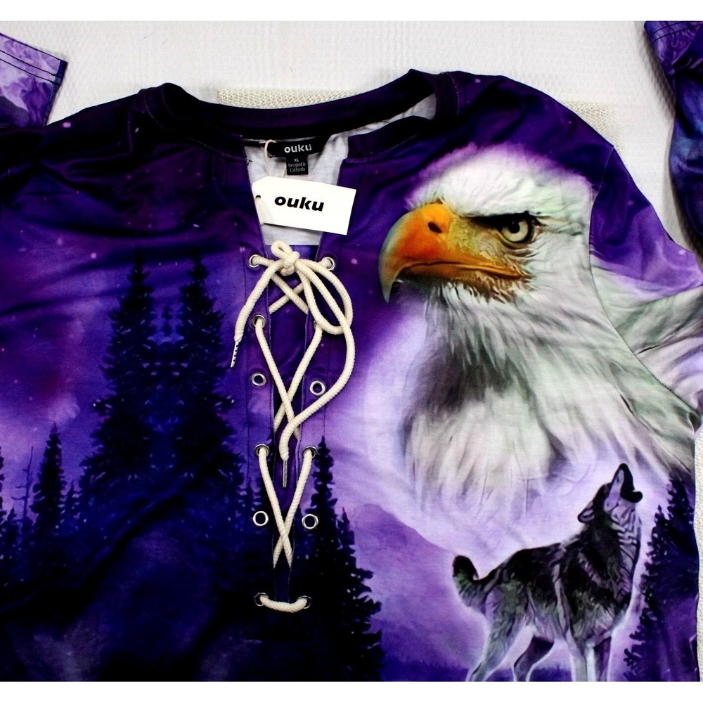 Ouku Women‎ XL Purple Wolf Eagle Galaxy Graphic Lace Up V-Neck T-Shirt New - Picture 3 of 7